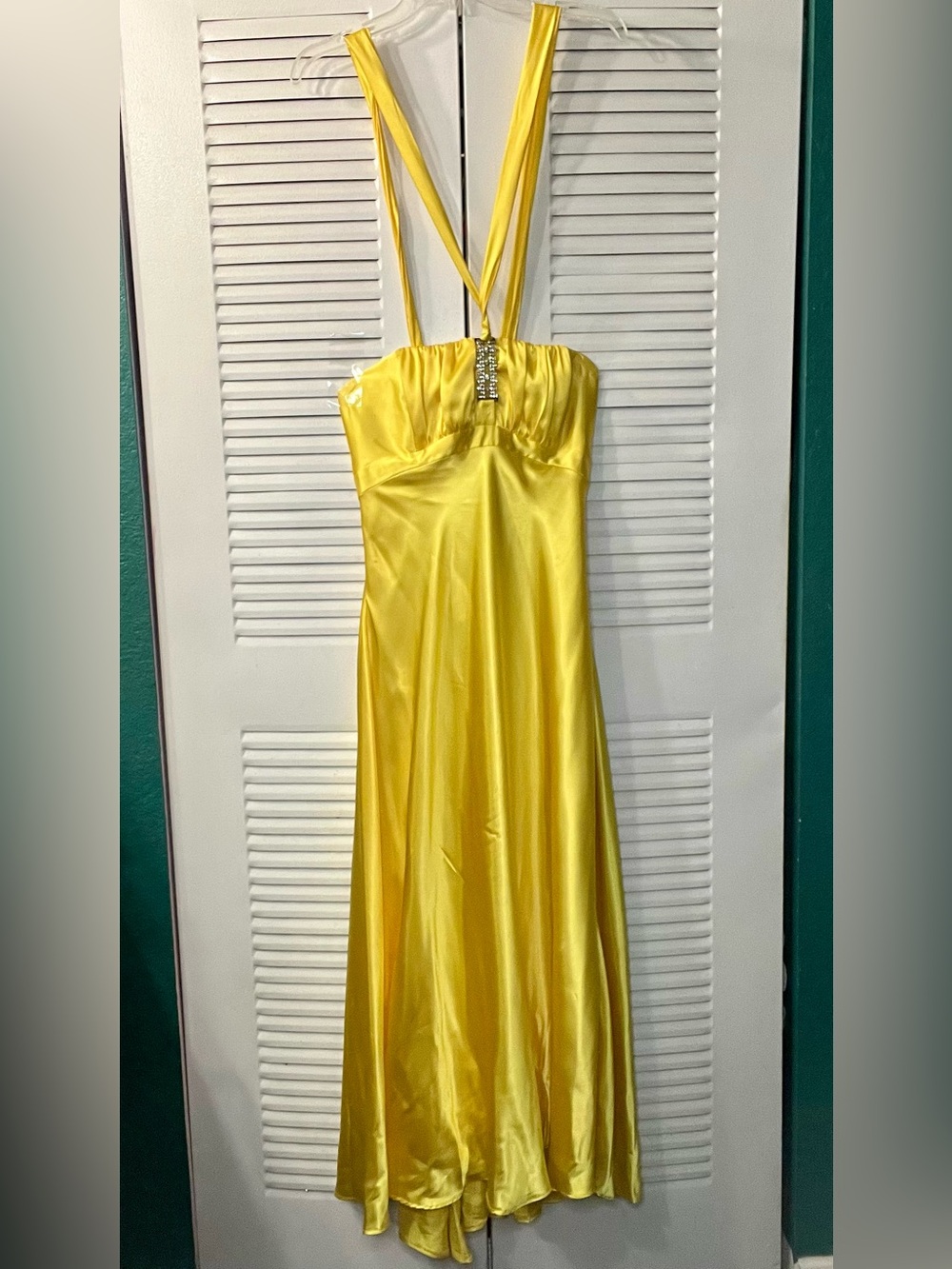 Jessica McClintock Bright Yellow Satin Maxi Dress with Rhinestone Detail